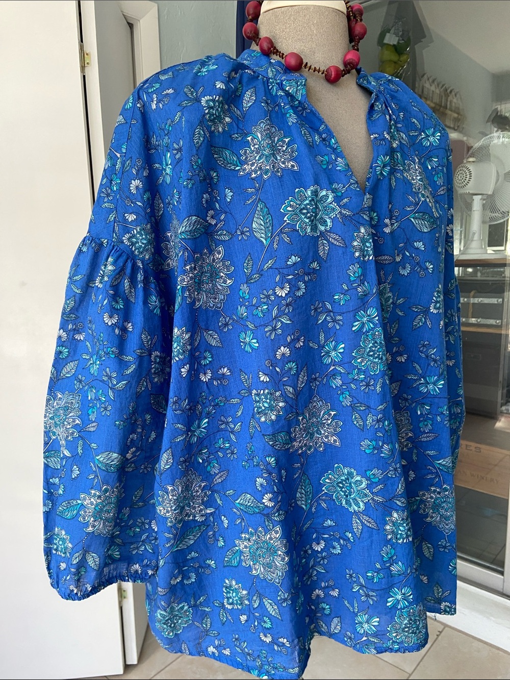 J. Jill Vibrant Royal Blue Floral Peasant Cotton Blouse